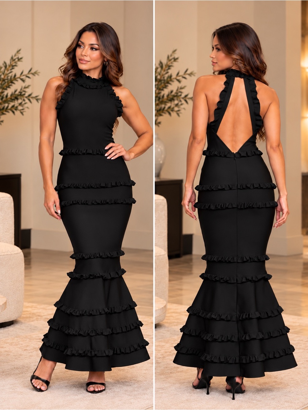 🔥NEW ELLIATT Theatrical Ruffle Fit & Flare Long Dress – Black – Size XL
